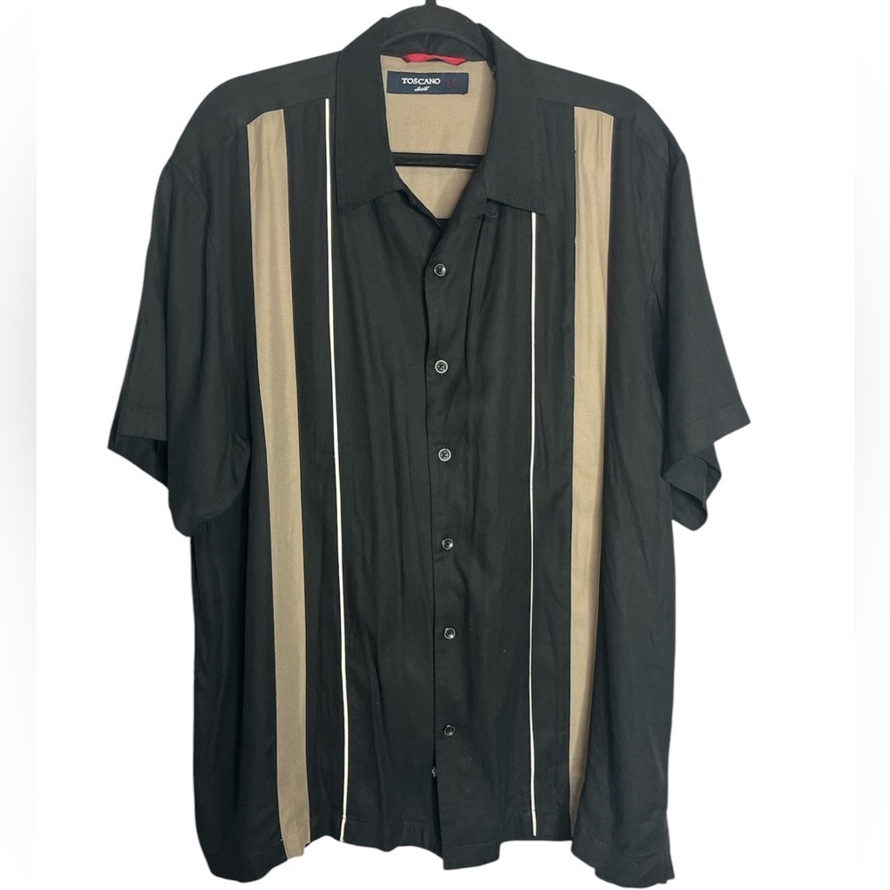 Toscano 90s Black & Tan Stripe Silk Blend Button Up Short Sleeve Shirt, XL